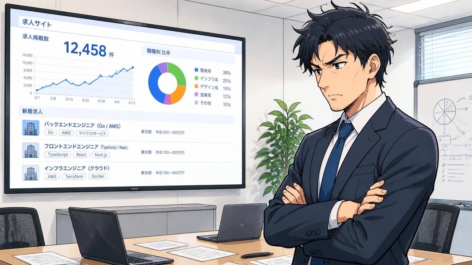 企業の会議室で求人サイトの数字を眺めながら腕組みするスーツ姿のエンジニア