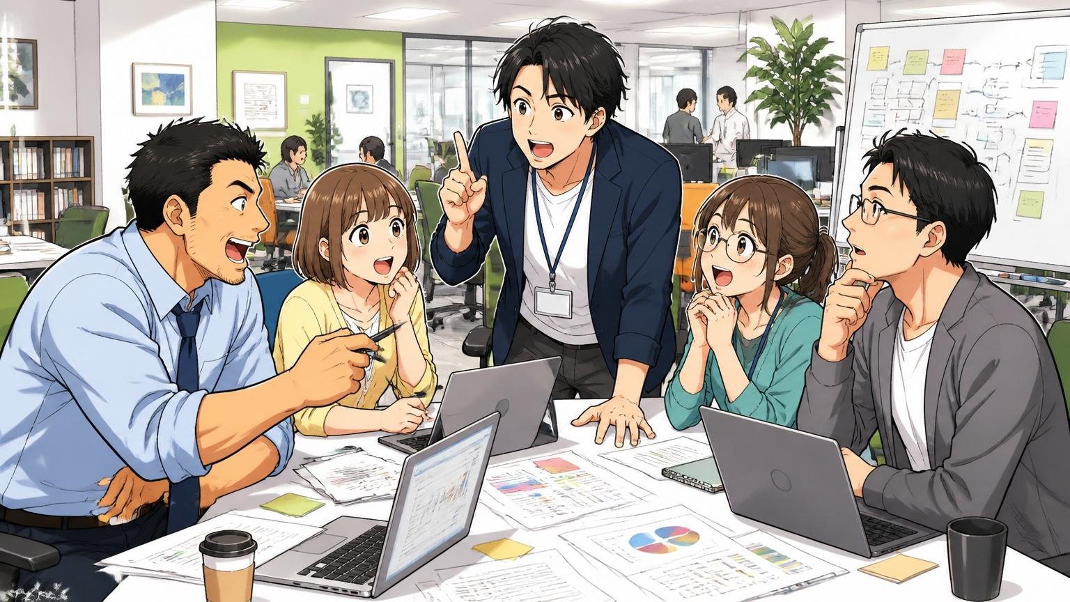 企業のオープンオフィスで複数のチームがプロジェクト会議をする中堅SIerの社内風景に男女社員5人