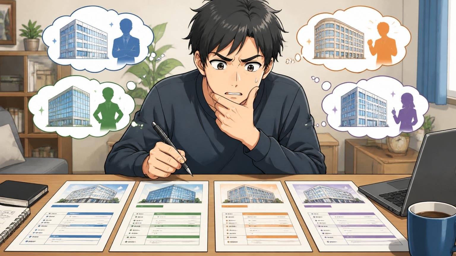 内定後・転職活動中：他社オファーと比較して優先順位がつけられない。自宅のデスクで複数社のオファー条件書をテーブルに並べて比較検討する30代前半の中堅エンジニア
