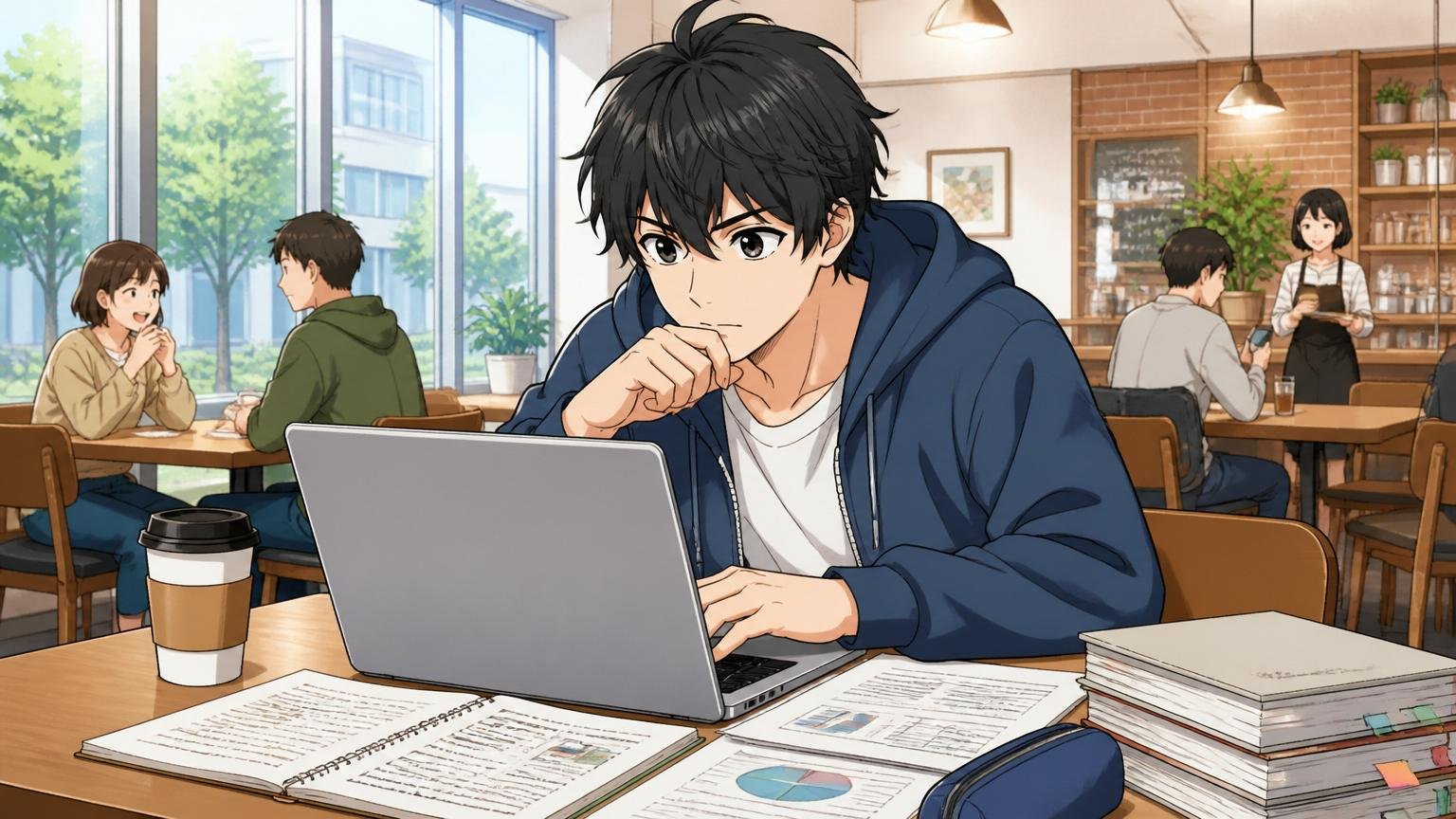就活生・第二新卒が知りたいこと、大学キャンパスのカフェで20代前半の学生1人がノートPCを開き企業研究