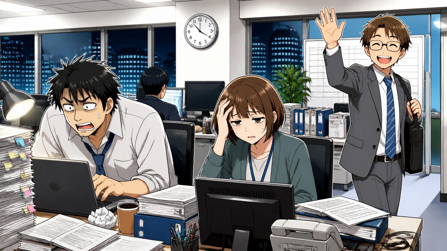 部署によって業務量に差があるオフィスで残業中の社員と定時で帰る社員が混在する通信会社の現場、社員3人、対比的な表情