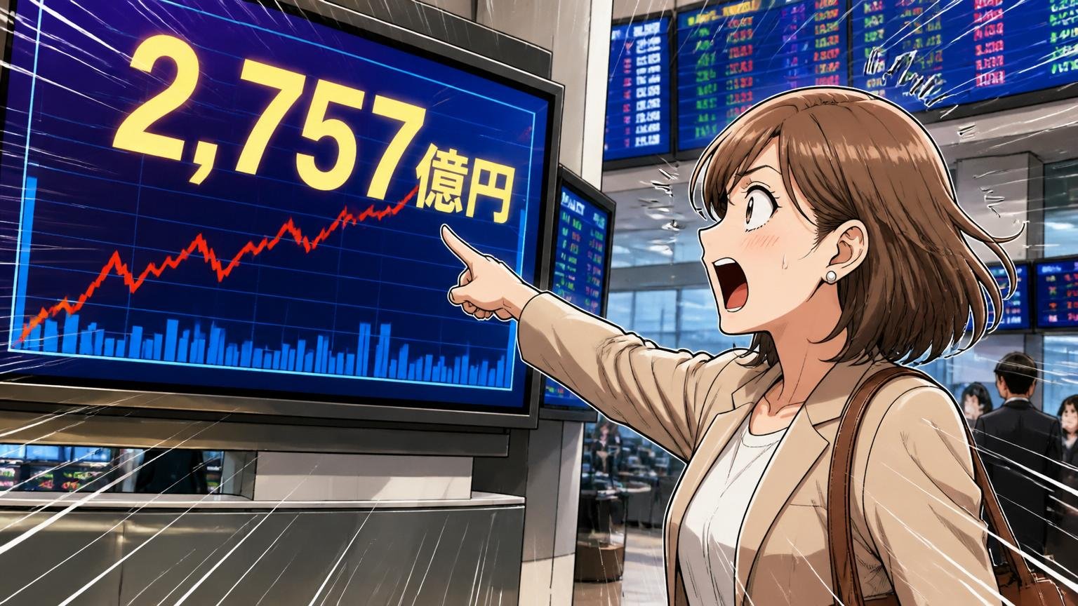 証券取引所のニュースモニター前で2,757億円の数字を指さして驚く30代女性投資家1名