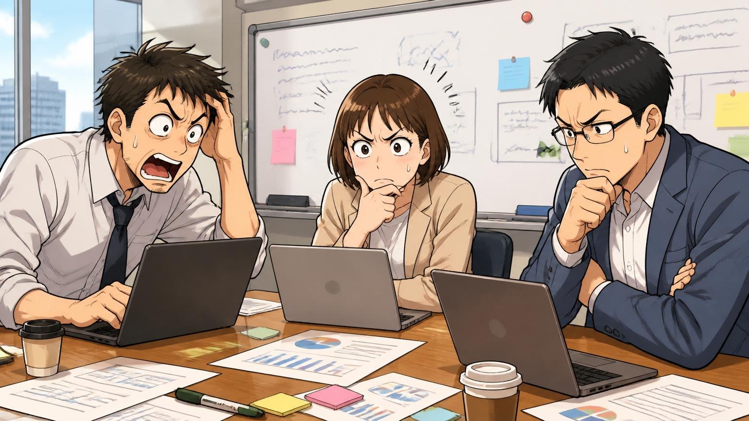 「アビームシステムズ やばい」と検索する3タイプの読者 IT企業の会議室 3人がそれぞれ違う表情で考え込む