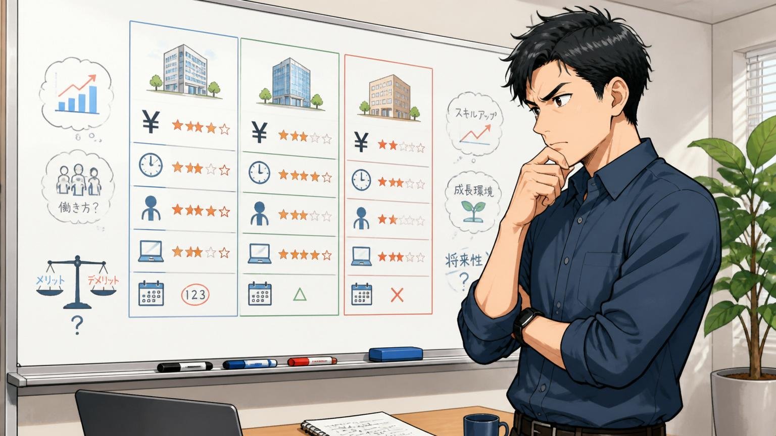 転職検討中の人が見ているべきポイント、SIerの会議室でホワイトボード前で比較検討する30代男性エンジニア1人