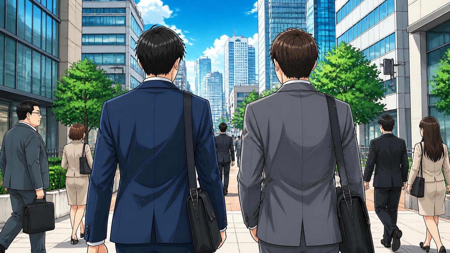 東京のオフィスビル街を歩くスーツ姿のビジネスパーソンの後ろ姿2人