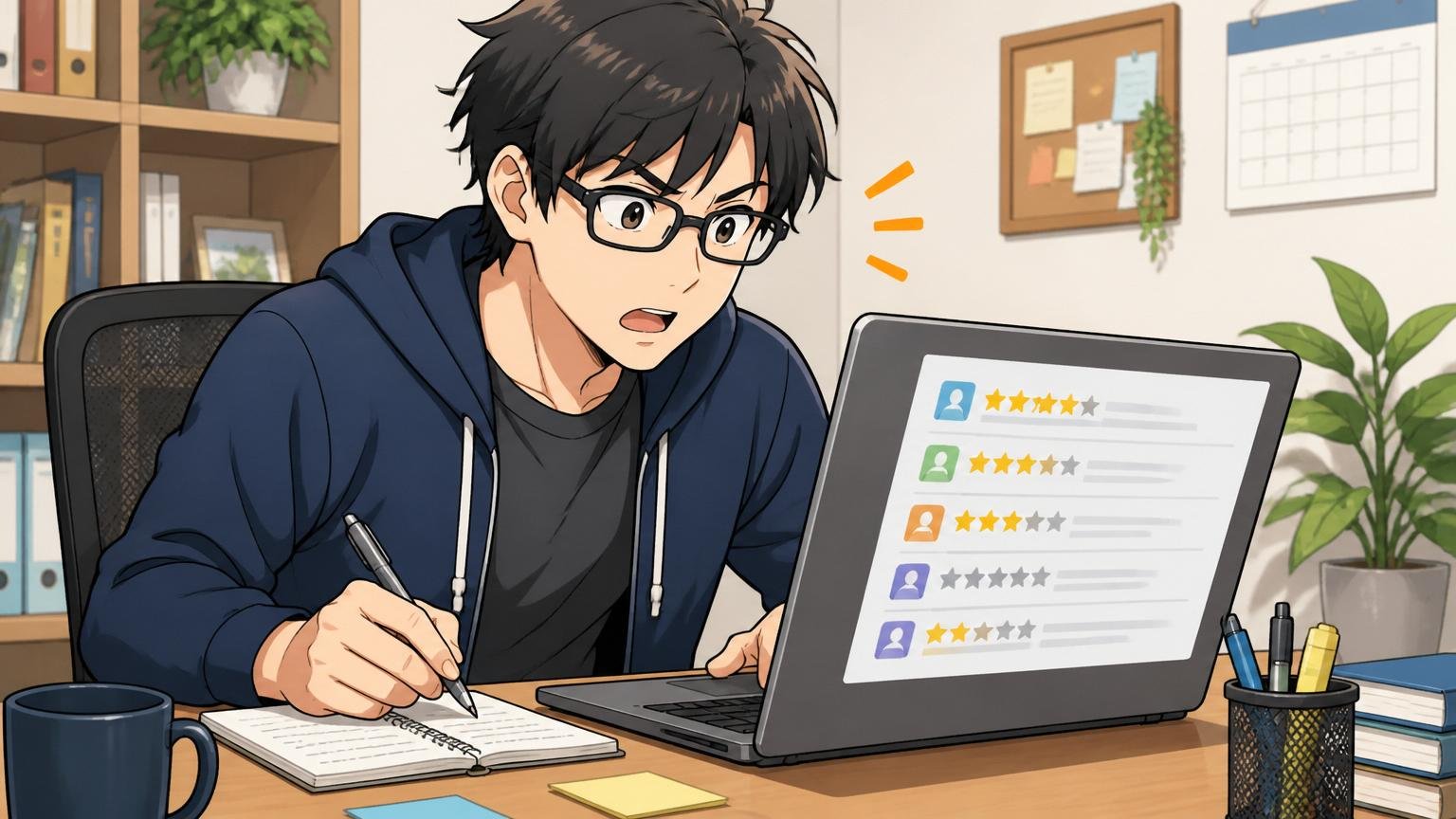 自宅のデスクで在宅勤務、ノートPCに口コミサイトを表示してメモを取る30代男性エンジニア