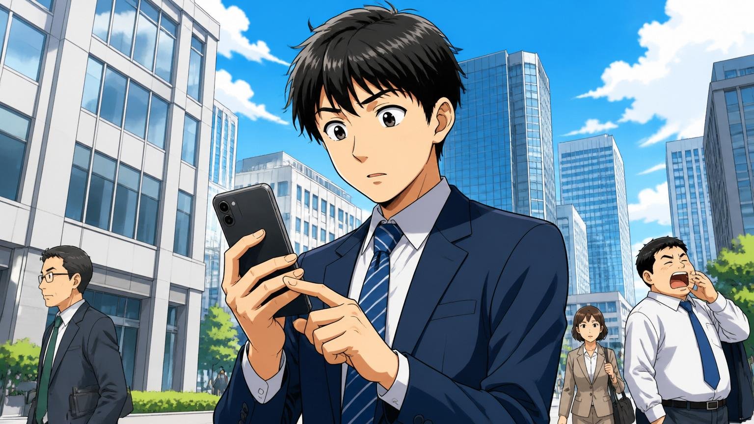 大阪のオフィスビル街で会社情報を確認するビジネスパーソン1人