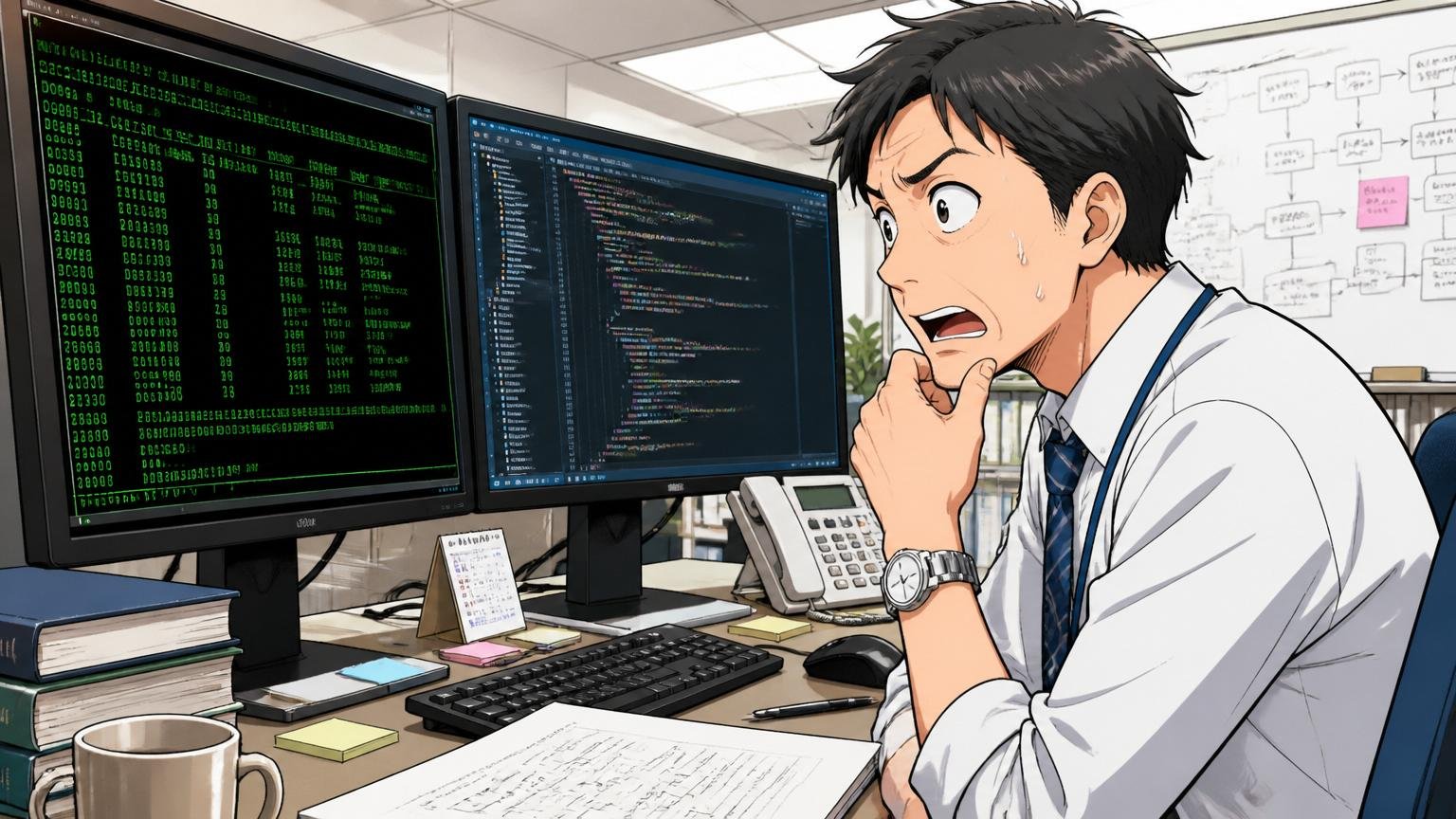 金融系SIerのデスクで古いメインフレーム画面とモダンなコードを見比べる中堅エンジニア