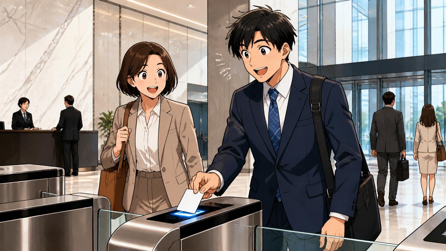 本社は虎ノ門ヒルズ／IBM本社の高層ビル受付ロビー／ビジネスパーソン2人／カードリーダーで入館手続き中