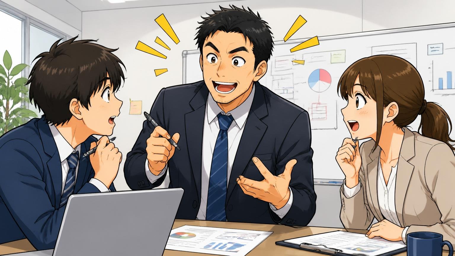 この記事の3つの姿勢｜オフィス会議室で男性メンターと若手男女2人が話し合う