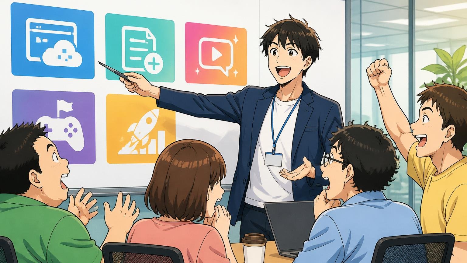 Web系企業の会議室でジョブカン・CLIUS・ミクチャ・ゲームなど複数事業のロゴパネルを前に説明する男性社員