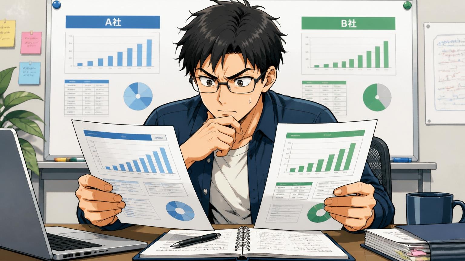 企業の会議室で2社の比較資料を見比べる30代男性エンジニア1人