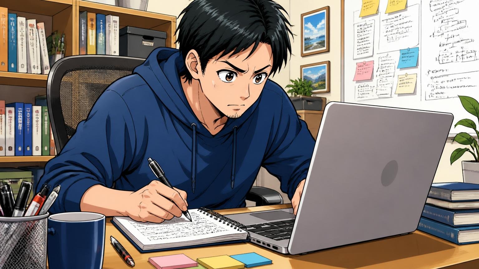 自宅のデスクでノートPCに向かいメモを取る30代エンジニア