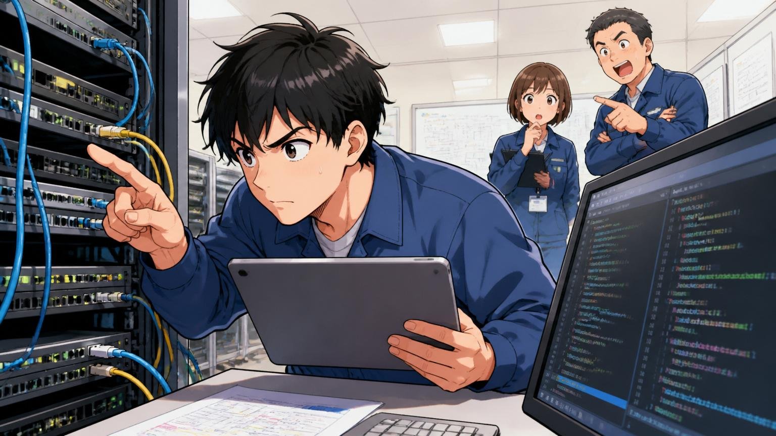 NEC通信システム仕事内容。通信事業者の開発現場でエンジニアがネットワーク機器とコードを照らし合わせ作業する様子