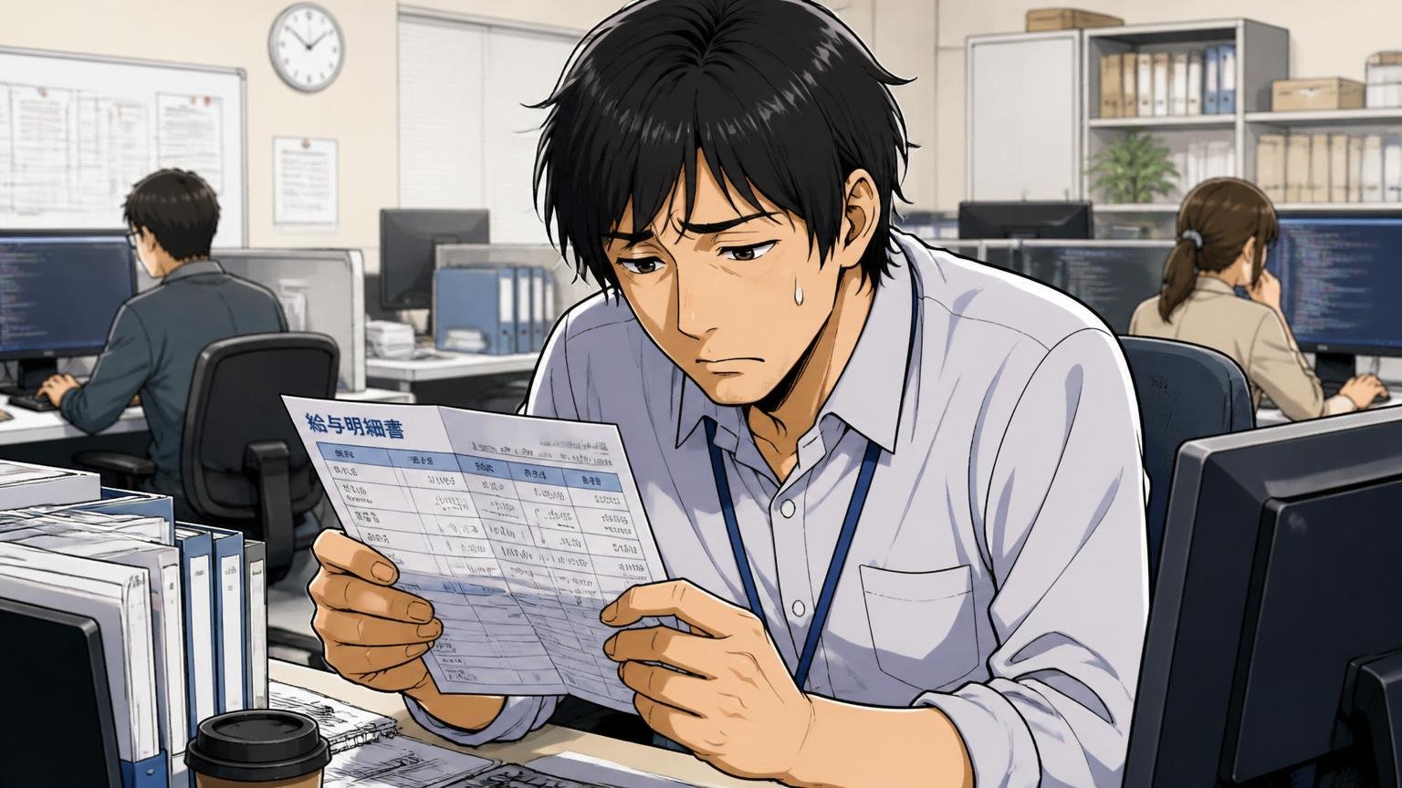 30代40代の年収推移を考えるシーン SIerの開発現場で給与明細を見つめる男性技術者1人 沈んだ表情