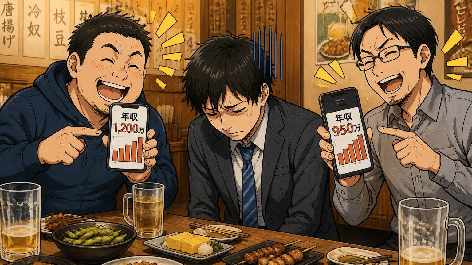 居酒屋で同年代のエンジニア仲間と話して年収差にうつむく30代男性