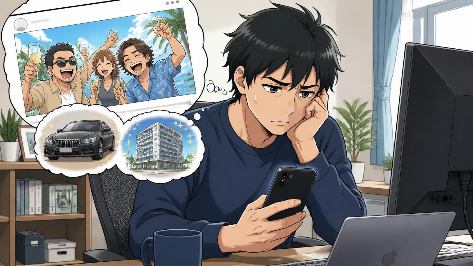 それでも低いと感じる本当の理由を考える場面、自宅のデスクで在宅勤務中のエンジニアがSNSの友人投稿を見て複雑な表情