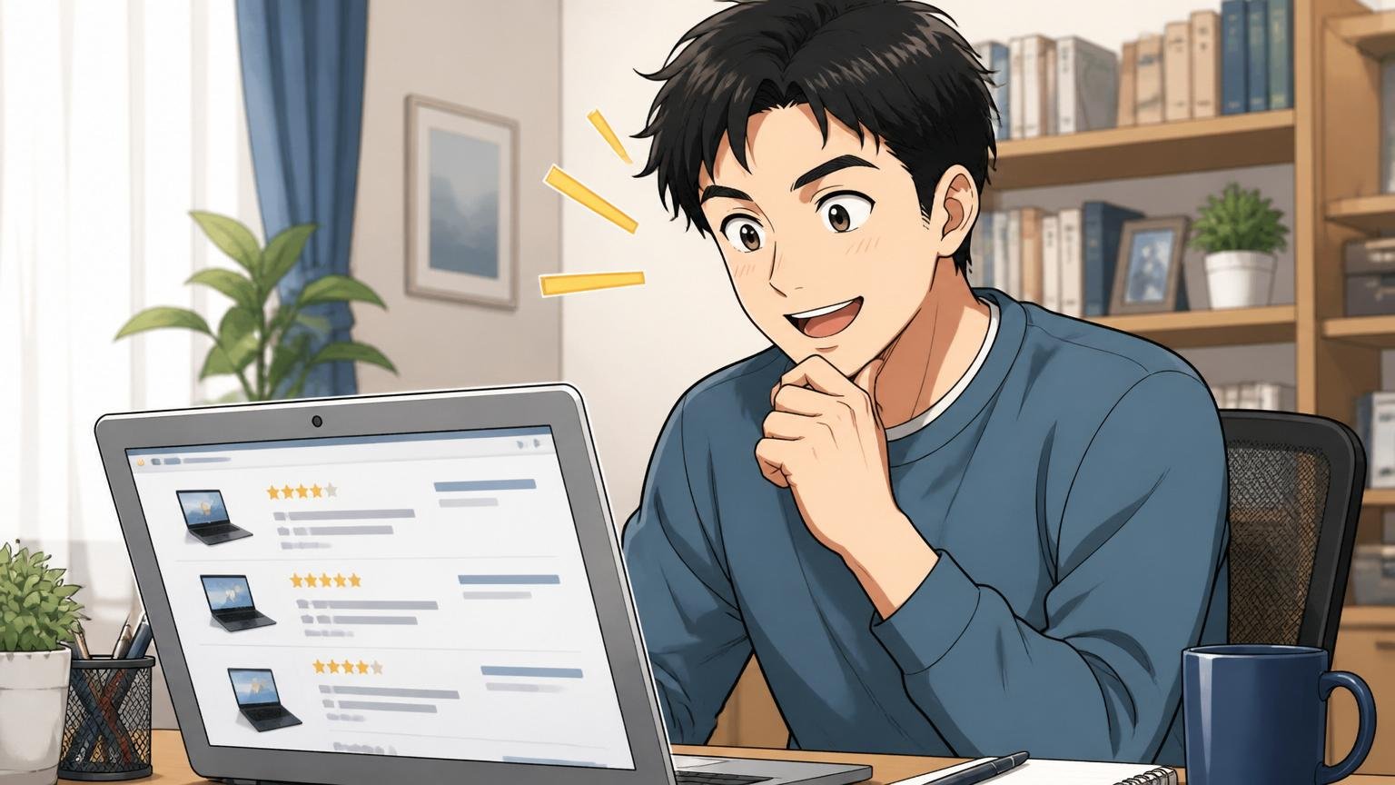 自宅のデスクでノートPCの口コミサイトを見ながら頷いて納得した表情の20代後半男性1人