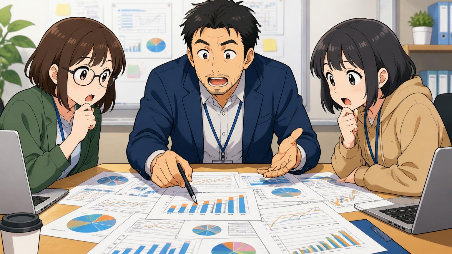 企業の会議室で複数の年収データ資料を広げて議論するメンター役男性と若手女性エンジニア2人