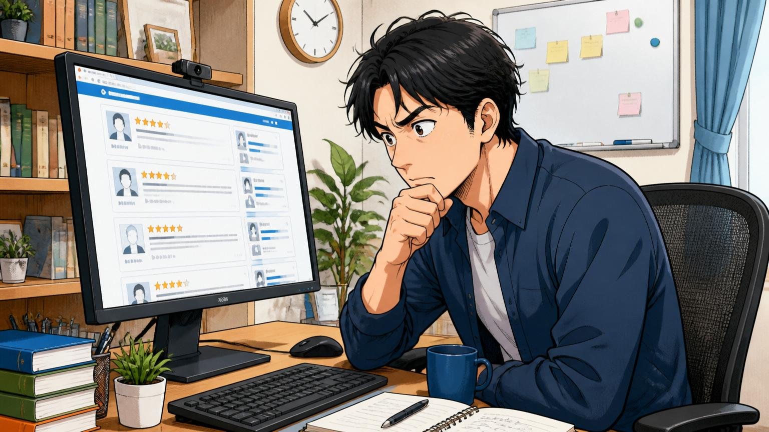 自宅のデスクで在宅勤務中の30代SE、画面のOpenWork口コミを真剣に読む