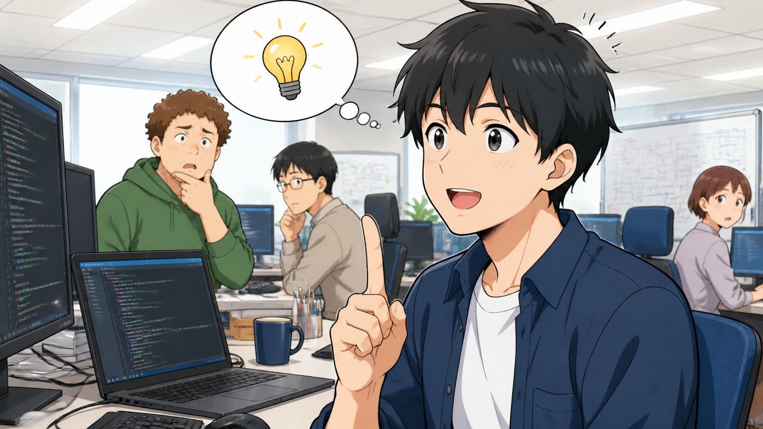 低いと感じる感覚には理由がある。SIerの開発現場で若手男性エンジニアが納得した表情でうなずく