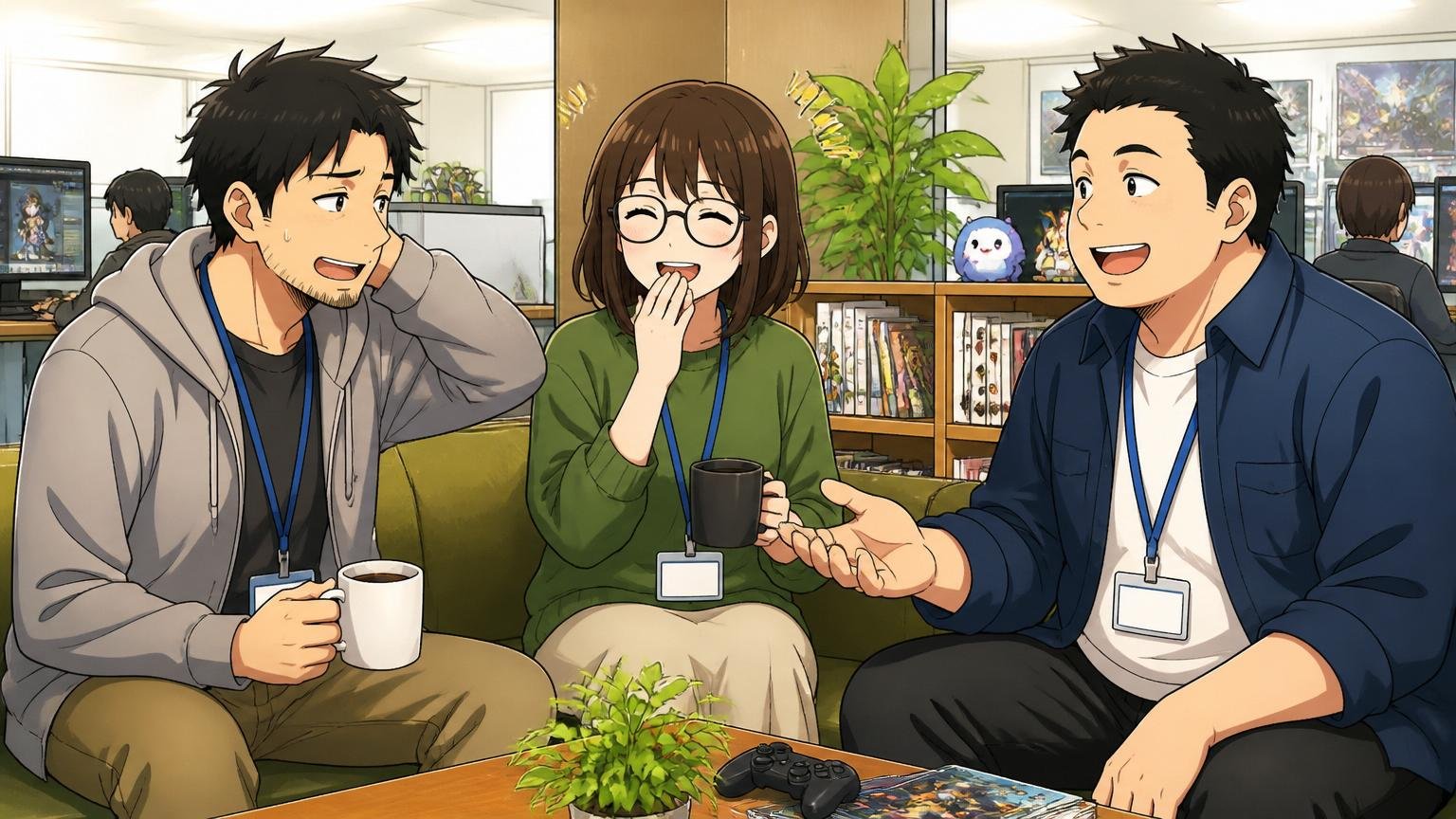 同じゲーム会社の休憩スペースで年収の悩みを打ち明け合い少し安心した表情の男女社員2〜3人