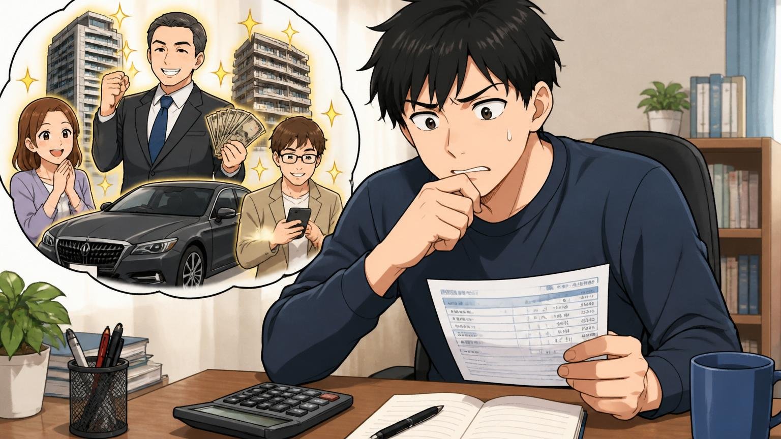 世間一般と比べた年収を考える。自宅のデスクで男性が電卓と給与明細を見て複雑な表情