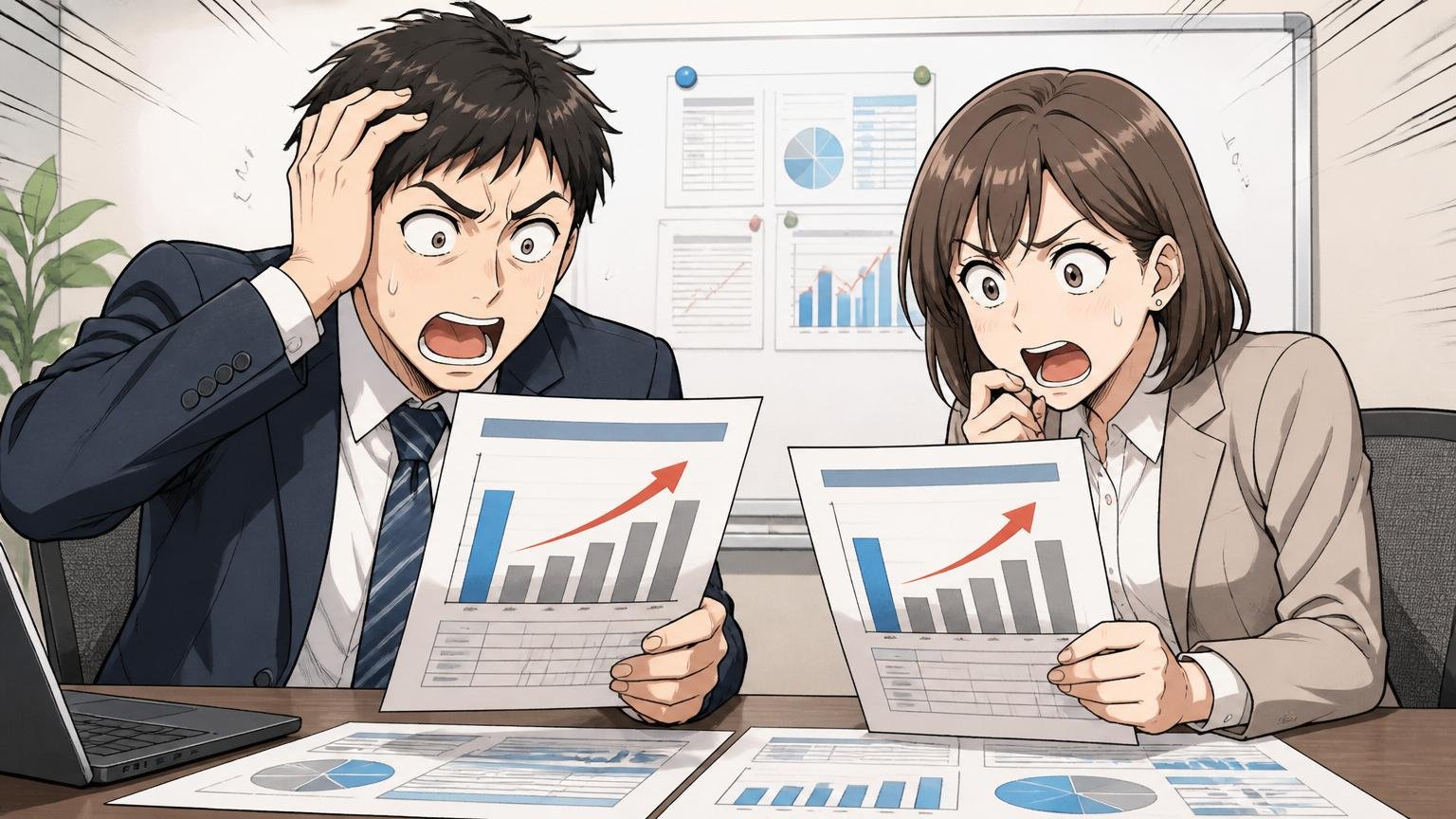 大手SIerやNTTグループ内と比べた立ち位置 会議室で他社年収の資料を比べ困惑する男女2人