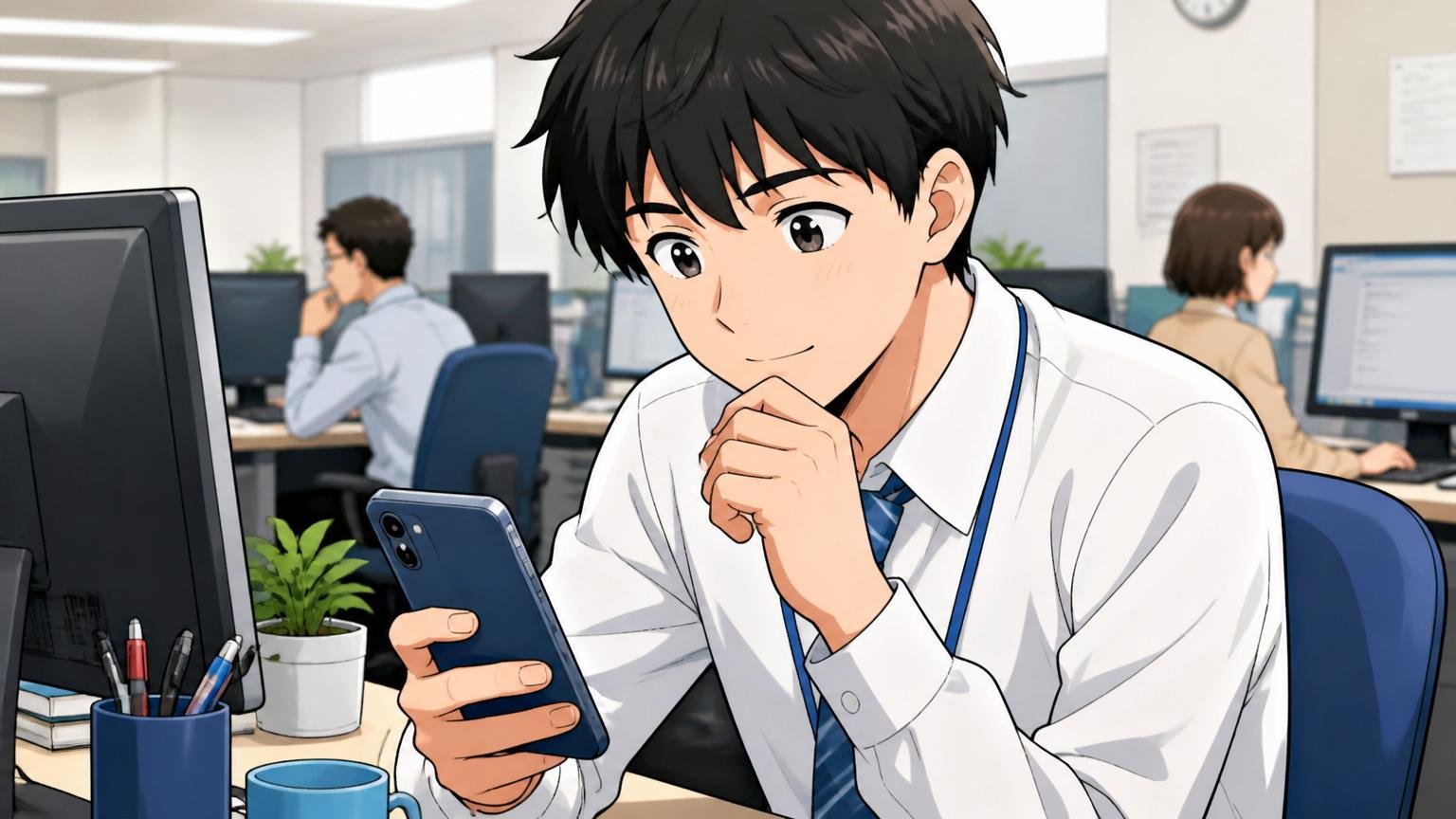 退職を考えた社員の口コミあなたと同じ声がここにある SIerのオフィスで口コミサイトを見る若手社員1人 共感する表情