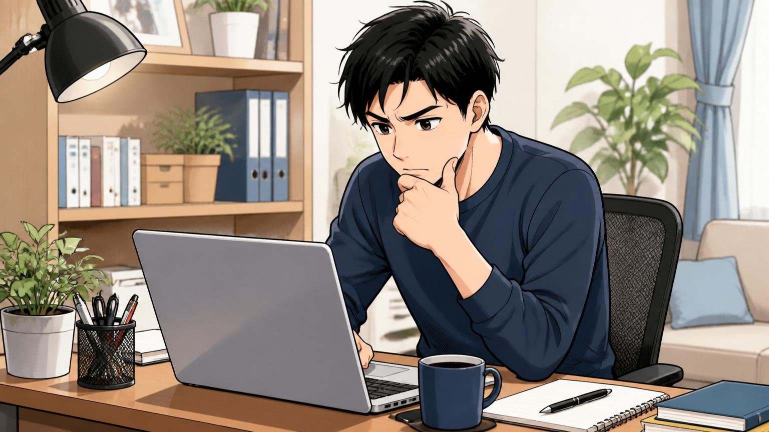 IT業界の平均年収と比べてどうなのか、自宅のデスクで在宅勤務中にノートパソコンで年収相場を調べる男性1人、考え込む表情