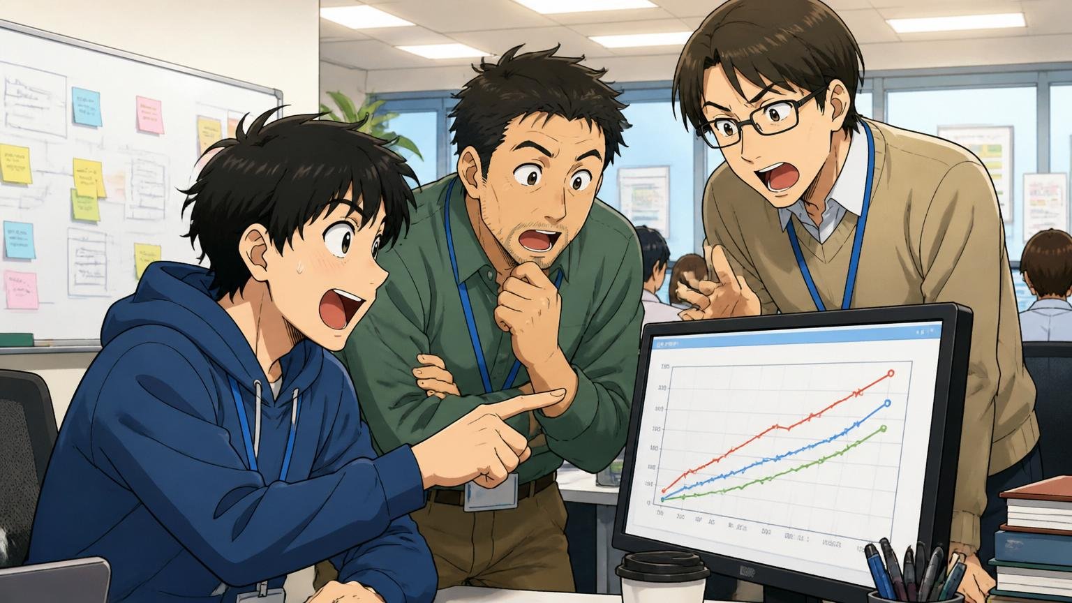 年代別の年収推移を分析する場面、SIerの開発現場、複数世代のエンジニア3人が会話する