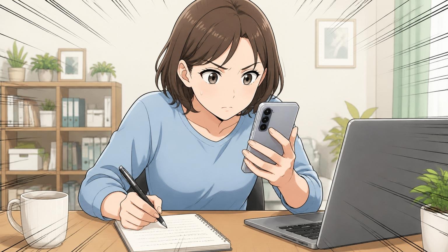 スマホで転職エージェントの無料相談を申し込もうとする場面。自宅のデスクで30代女性が真剣な表情でスマホを見つめ、ノートPCにメモを取る。1人のシーン