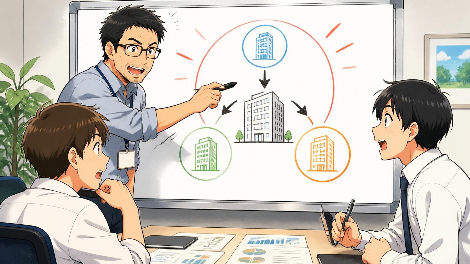 企業の会議室でホワイトボードに3社統合図を描く40代男性エンジニアと若手社員2人
