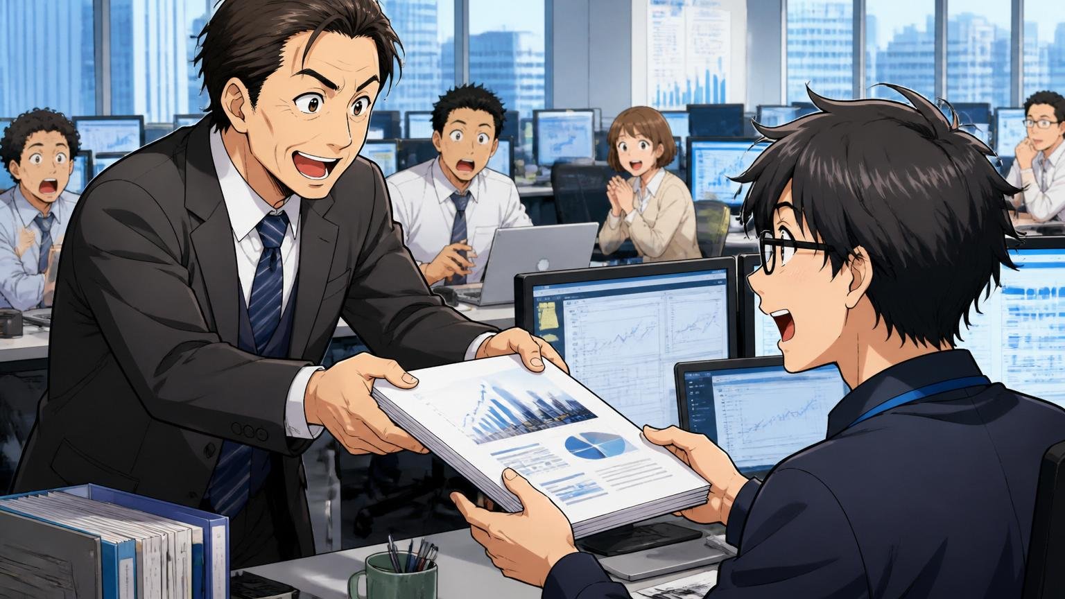 投資銀行のフロアで親会社の担当者が企画を説明し子会社のエンジニアが資料を受け取る場面