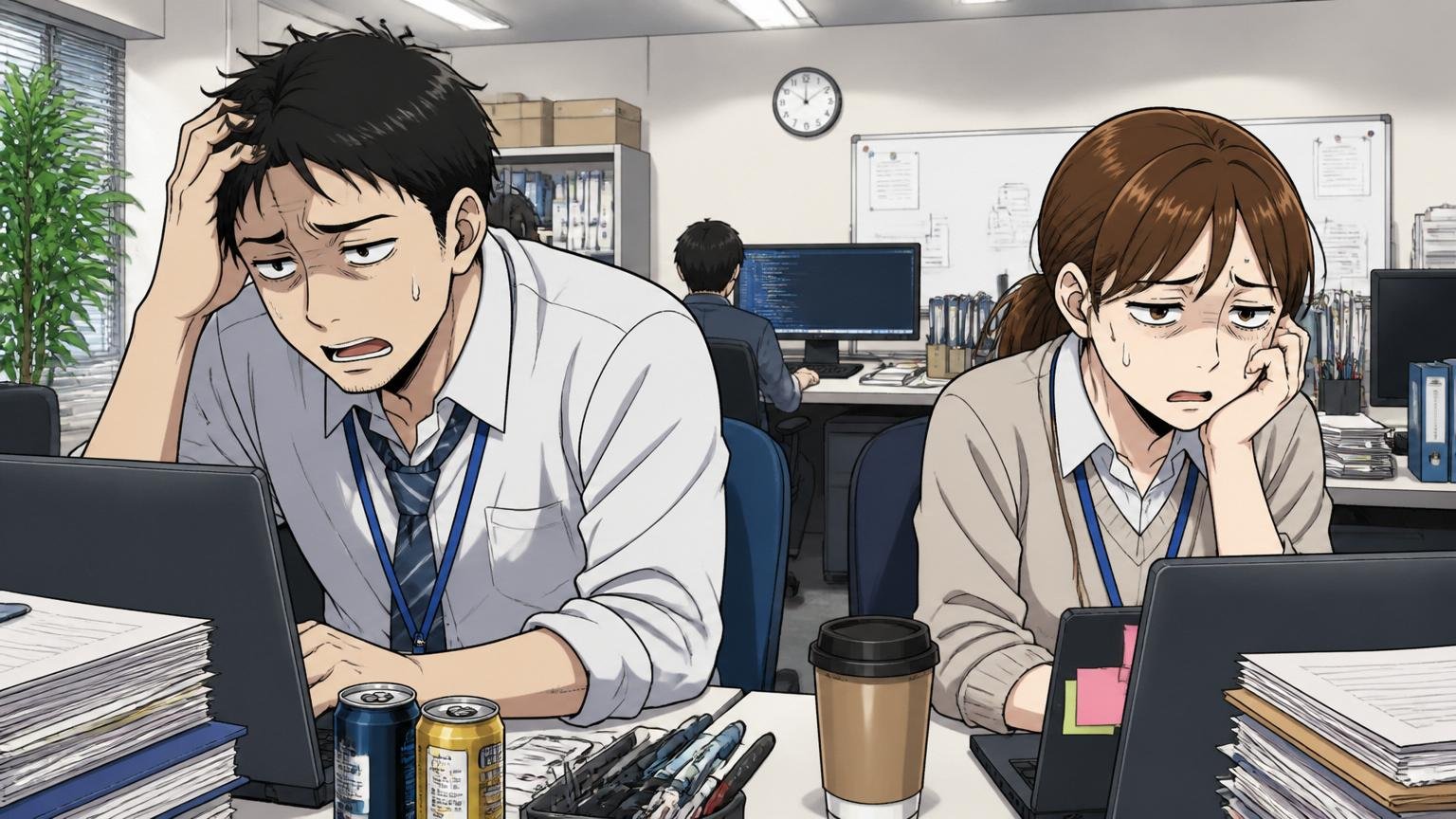 休日出勤するエンジニアたち/SIerの開発現場/30代男女2人/疲れた表情でPCに向かう
