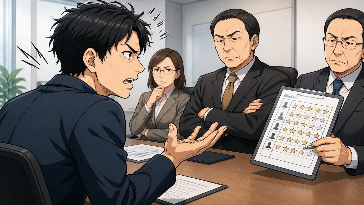 企業の会議室で評価面談を受けながら昇進判定の評価制度に納得できない表情を見せる30代主任クラスのエンジニア1人