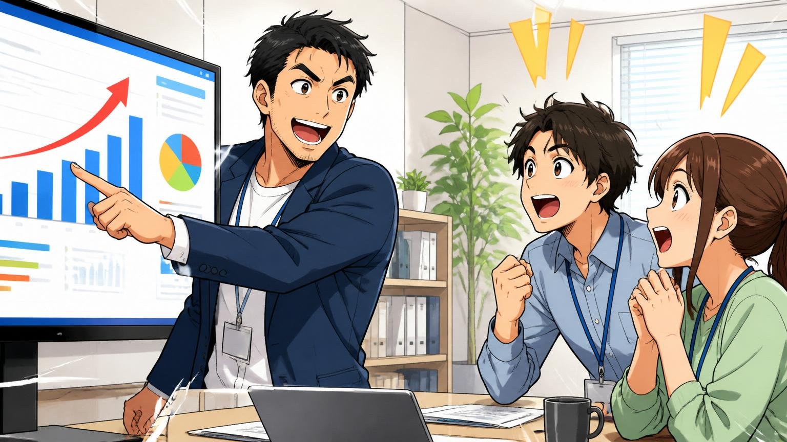 日系ベンチャー企業のオフィスで成果報告のグラフを示すマネージャーと20代社員2名