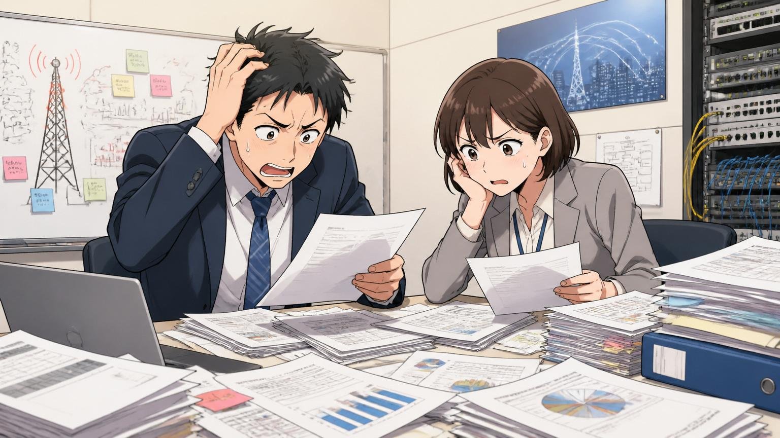 ノウハウ蓄積が課題の通信会社の会議室で散らかった資料を前に困惑する社員2人、表情が真剣