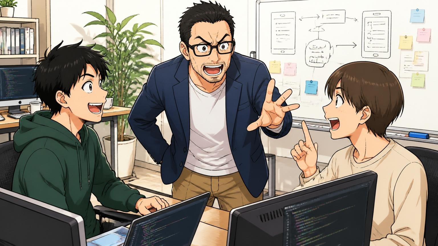 Web系スタートアップのオフィスで自社プロダクトを開発するエンジニア2人と上流コンサルを語る40代男性