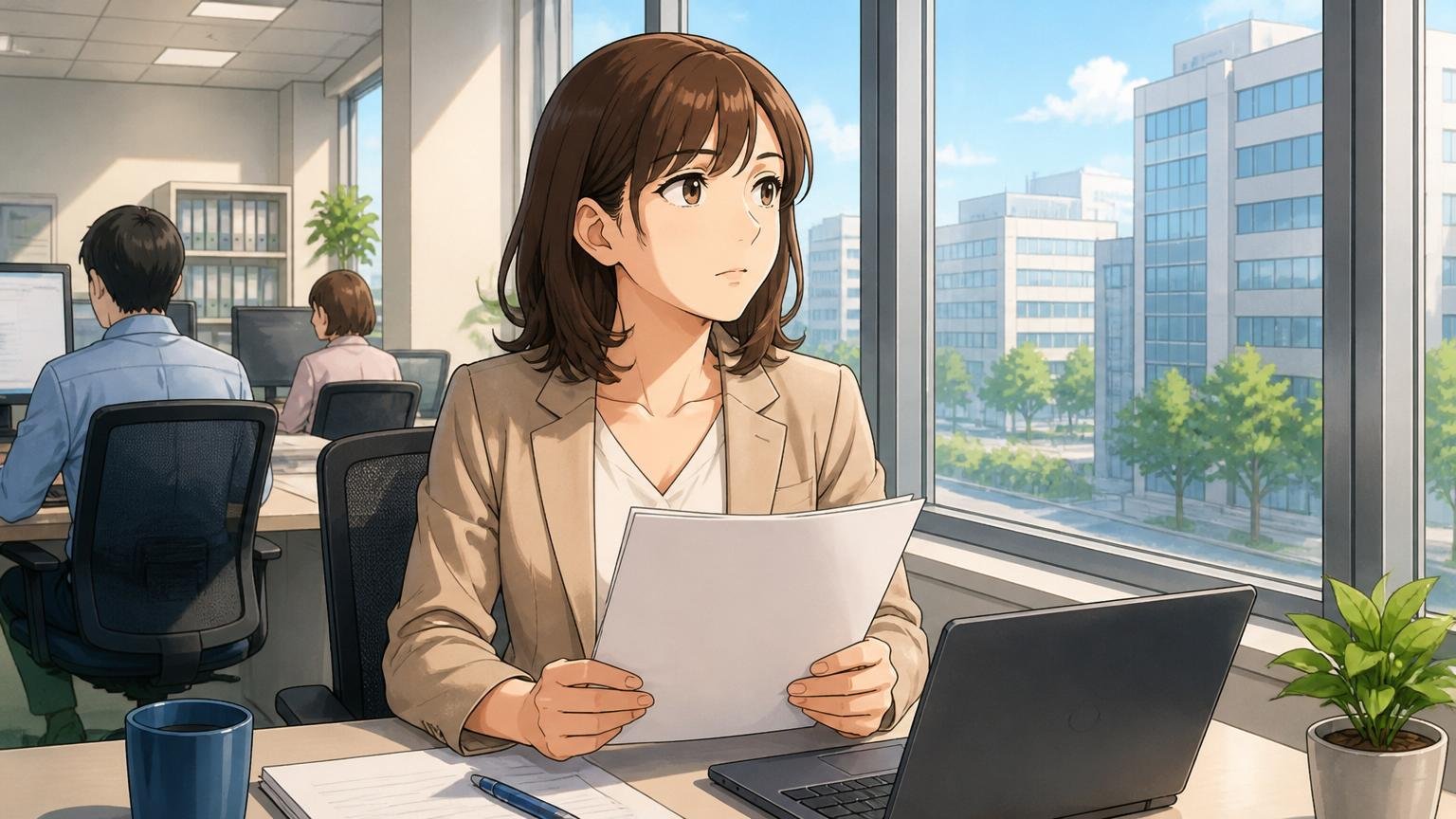 異動申請を提出して結果を待つエンジニア/SIerのオフィス/30代女性1人/書類を手にして窓の外を見る