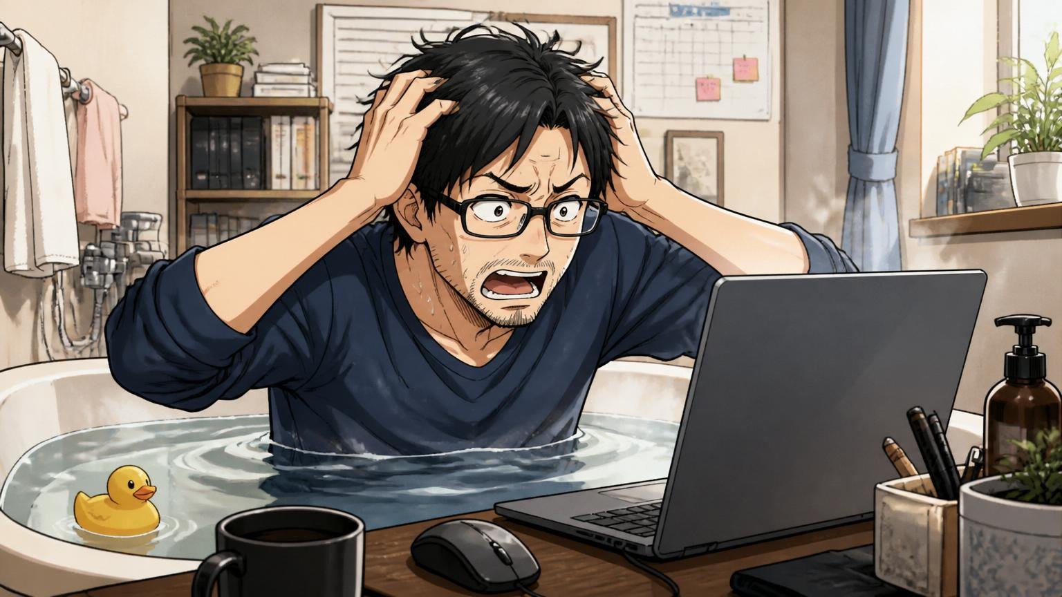 ぬるま湯につかりながら焦るエンジニア/自宅のデスクで在宅勤務/30代男性1人/頭を抱えてノートPCを見つめる