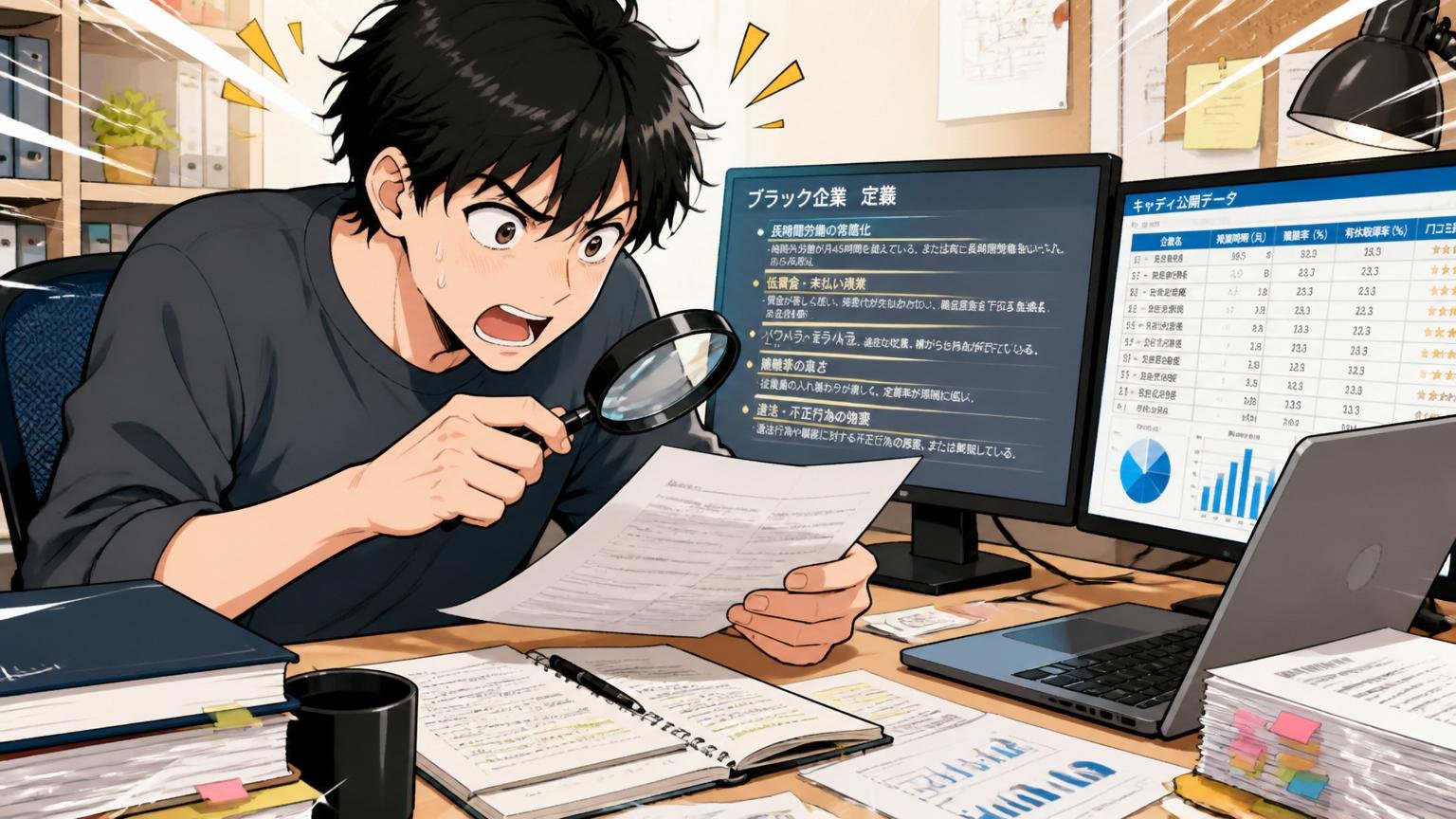 自宅のデスクで30代男性エンジニアがブラック企業の定義を調べながらキャディの公開データを照合する