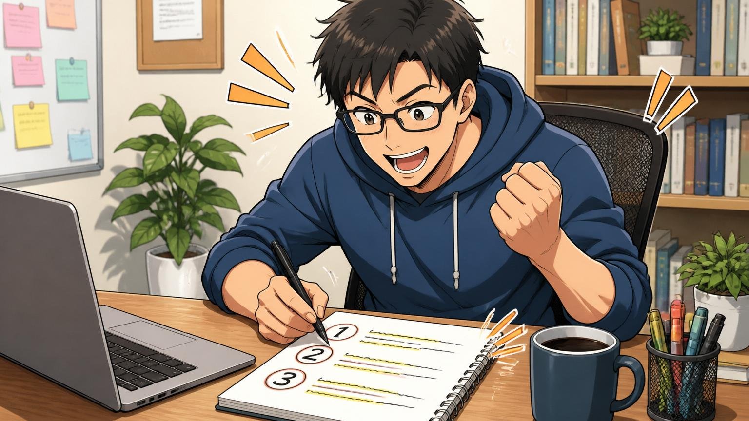 自宅のデスクで記事のまとめノートに3つのポイントを書き出す30代エンジニアが満足げに整理する
