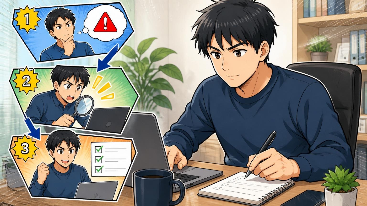 やばい判断を回避するための3ステップを実行するエンジニア。自宅のデスクで在宅勤務。男性1人。落ち着いた表情で次のアクションを実行する