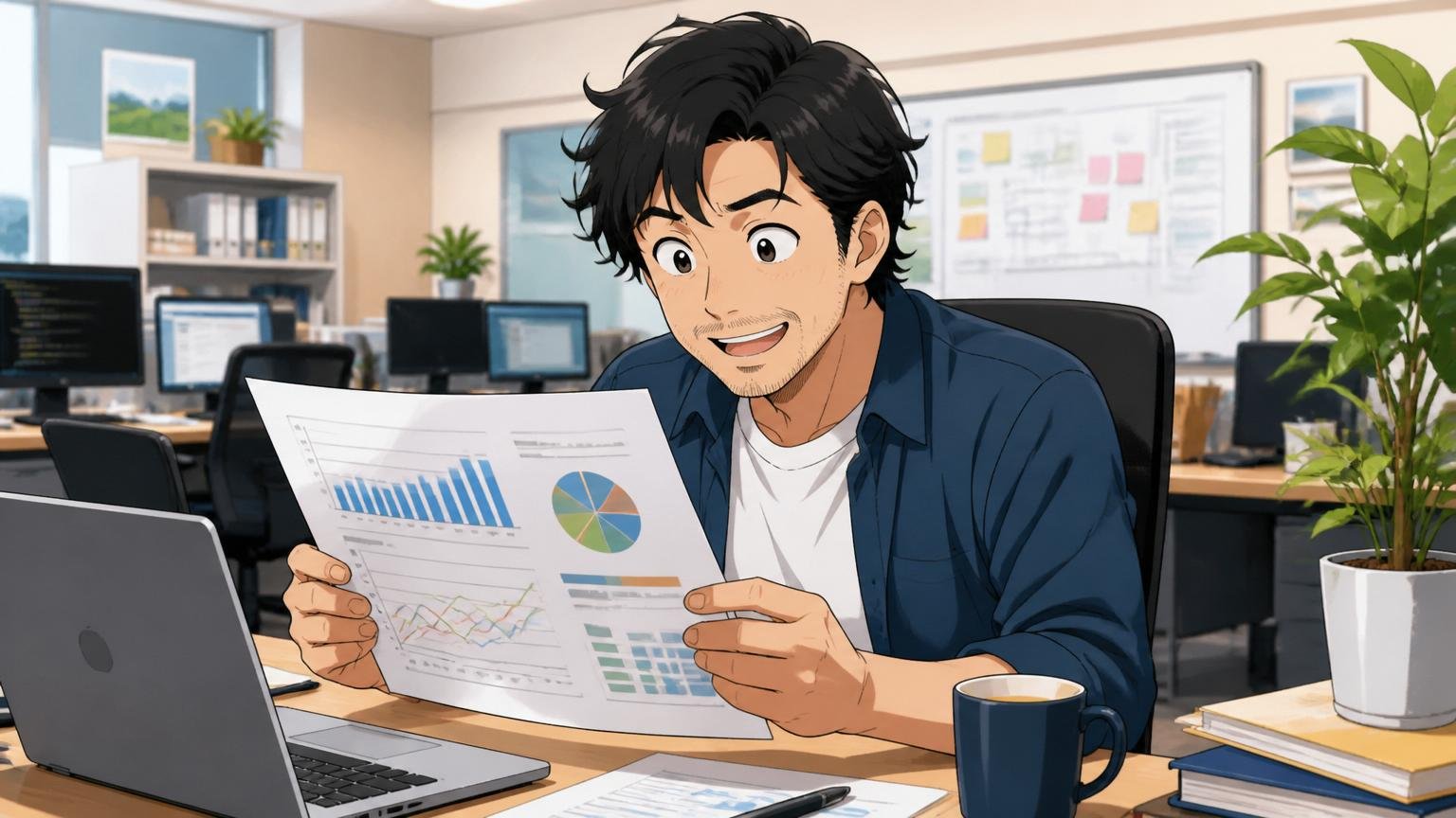 数字をまとめた資料を眺めるエンジニア。Web系スタートアップのデスク、30代男性1人がデータシートを満足げに眺める