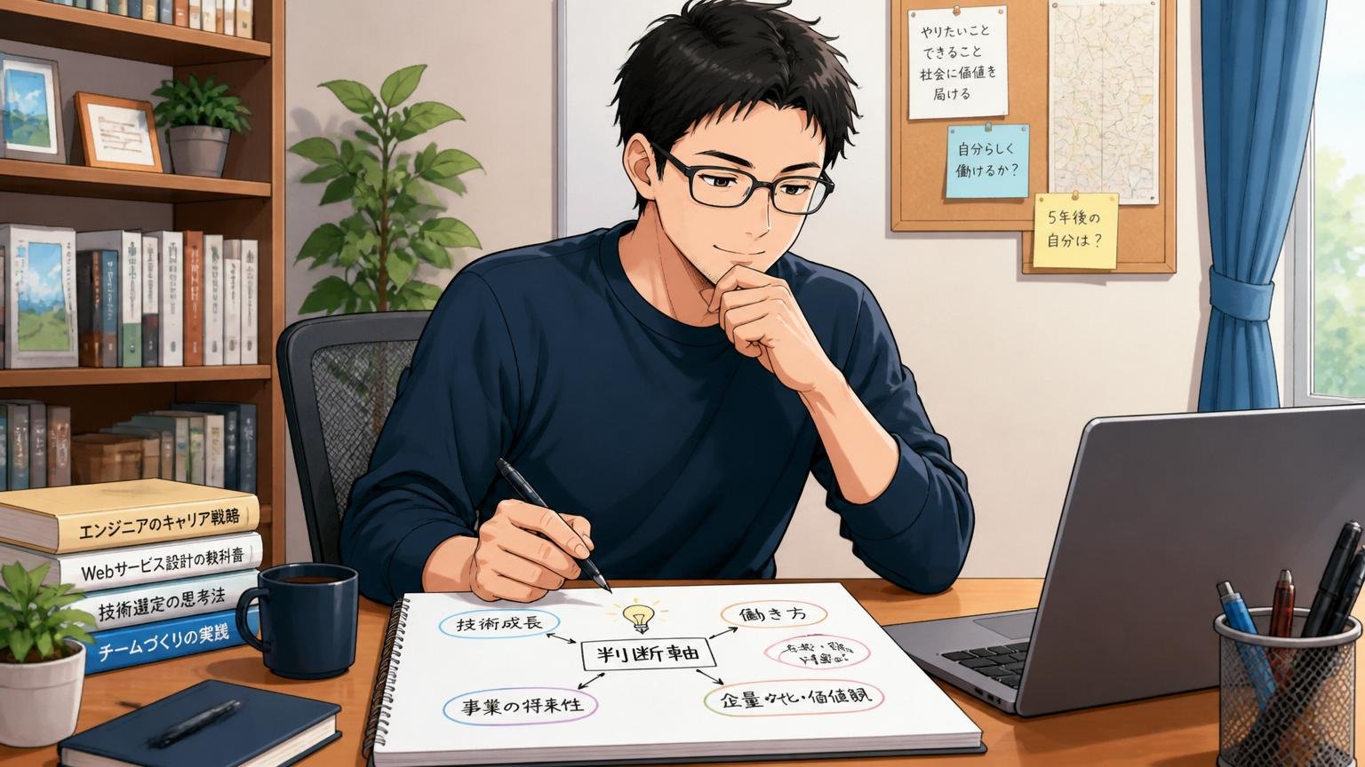 自宅のデスクで判断軸を整理して落ち着いた表情になった30代エンジニアが転職活動の次の一手を考えている様子