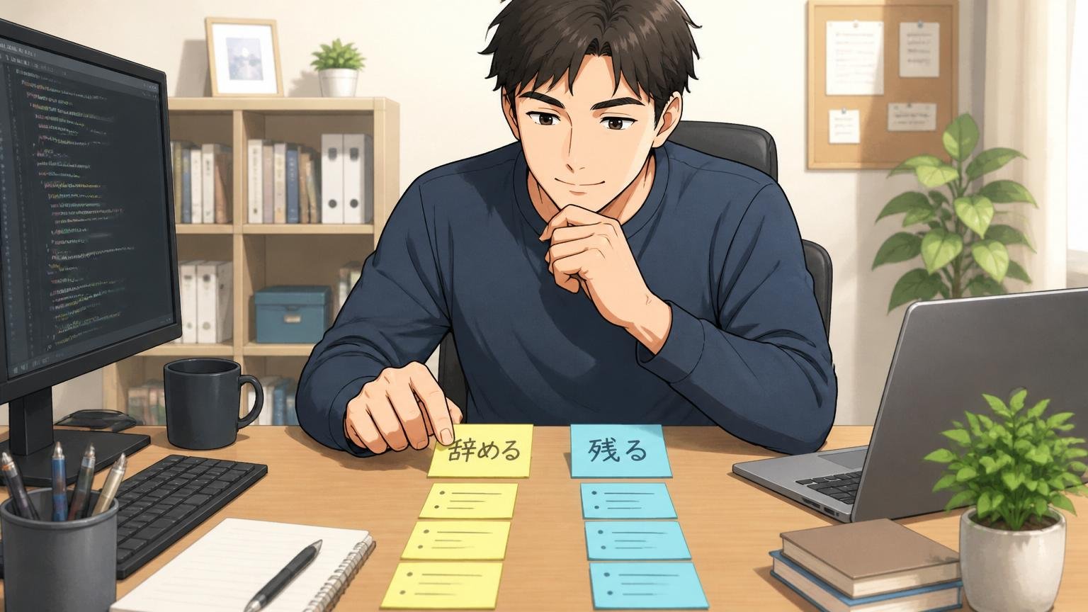 自宅のデスクで2枚の付箋に「辞める」「残る」と書き条件を並べて整理する30代男性エンジニアが穏やかな表情
