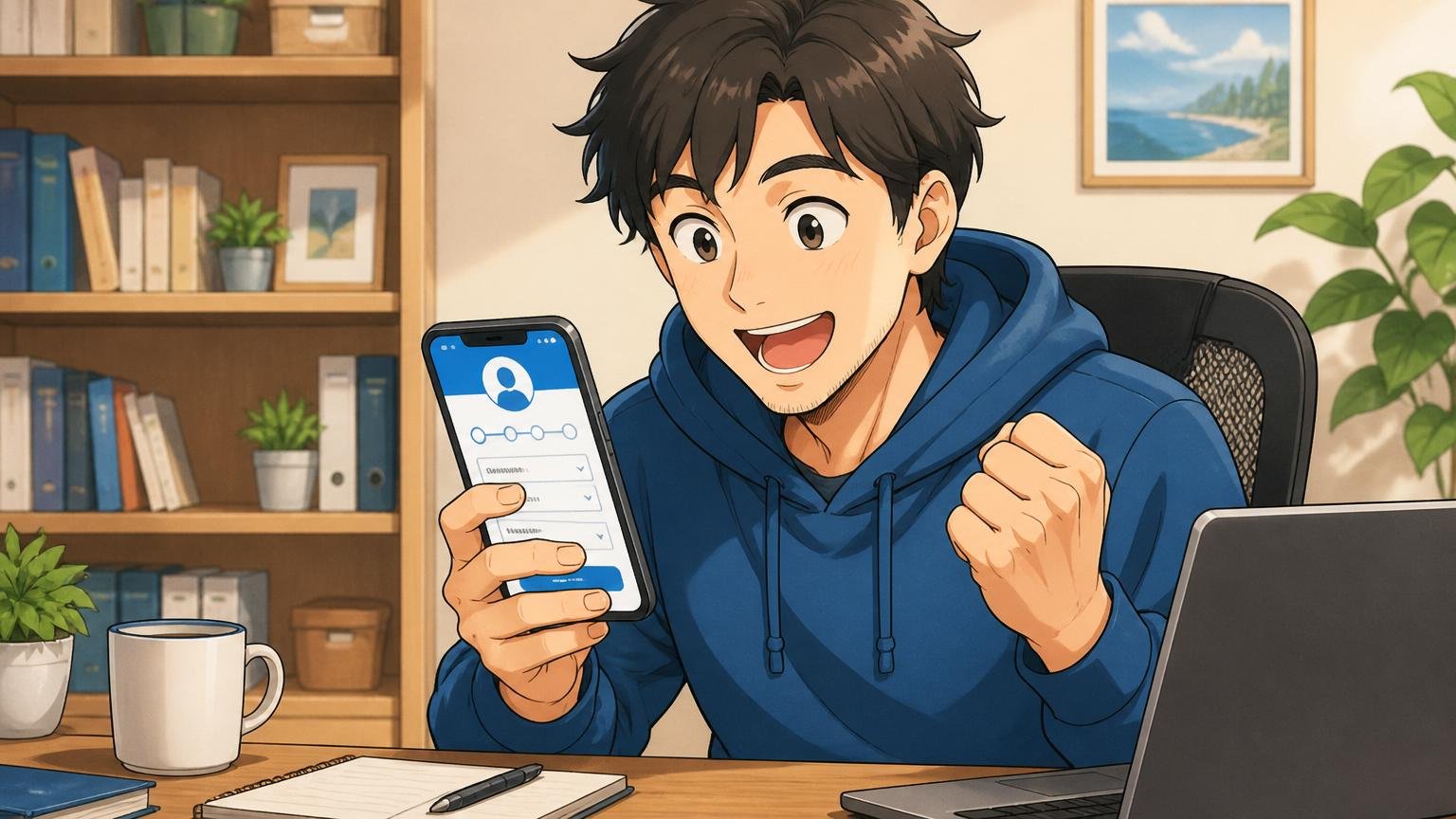 自分の市場価値を無料で測るシーン。自宅のデスクで30代エンジニアがスマホでエージェント登録画面を見ながら前向きな表情を見せる