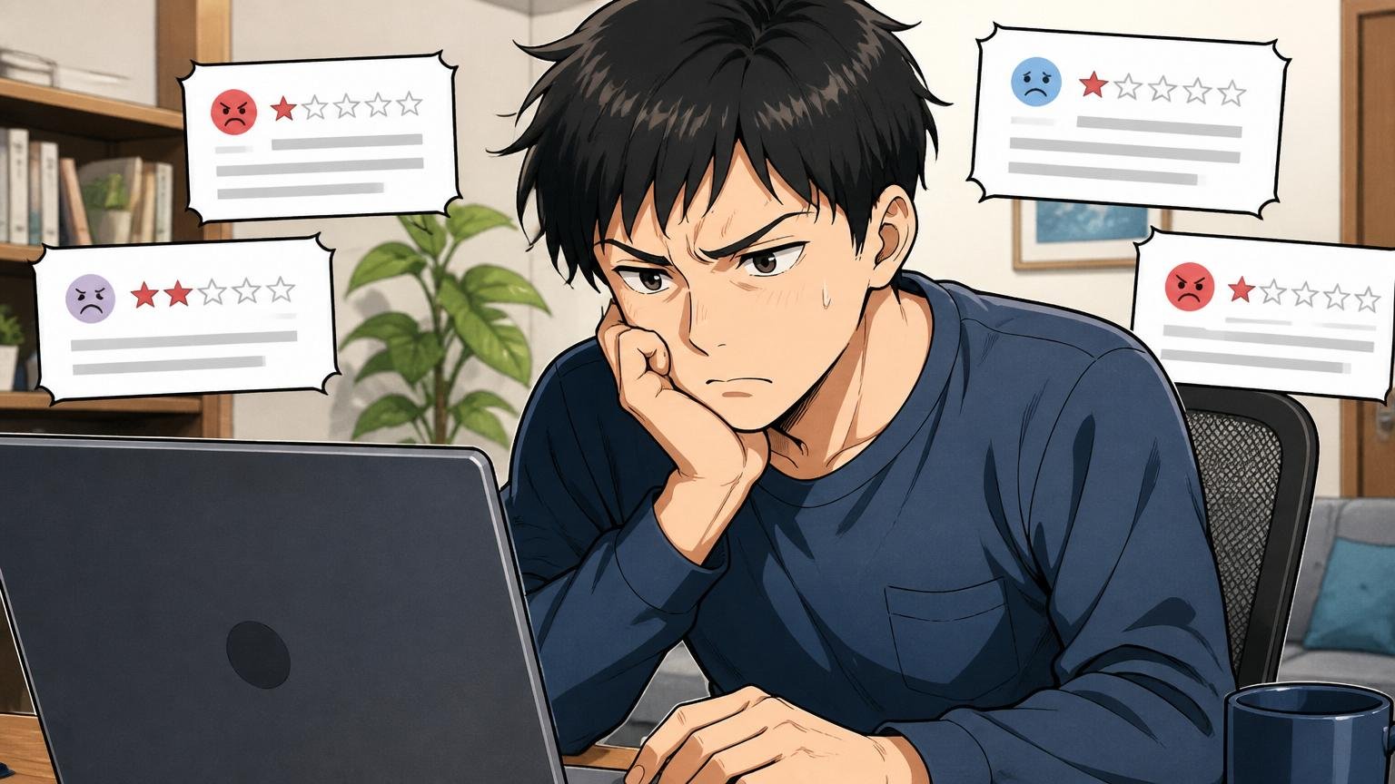 自宅でパソコン画面を見ながら否定的口コミに眉をひそめる30代男性エンジニア