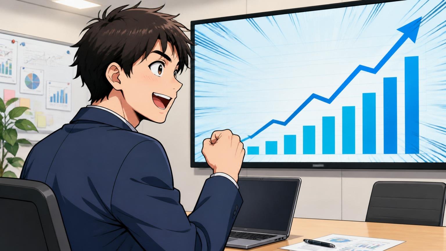 企業の会議室で経験者エンジニアが市場価値の高さを示すグラフを見て前向きな表情を浮かべている